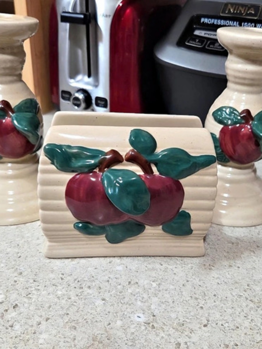 Vintage Apple Ceramic Candle Holder & Napkin Holder Set